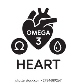 Heart silhouette with omega 3 text and icons black graphic