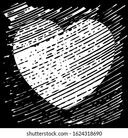 Heart silhouette on diagonal grunge lines, black and white chocolate valentines day vector print