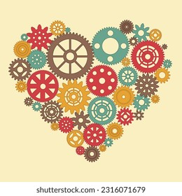 Heart silhouette on the wheel background. Valentine card with gear, bearing and chain. Steampunk heart design. Die cut mechanical heart. Geometric form. Paper or metal cutout. Vector Illustration.
