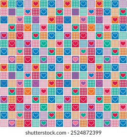 Heart silhouette, polka dots and checkerboard patterns inside square shapes. For children's bedrooms and children's clothing.