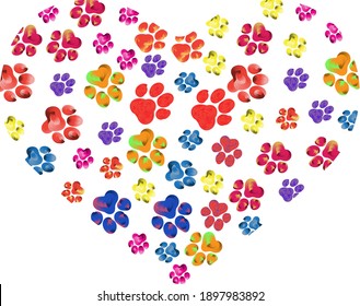 Heart silhouette with rainbow paw prints on transparent background. Hand drawn vector illustration.