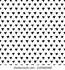 Heart silhouette seamless pattern. Black and white ornament. Hand drawn love icons. Monochrome ink illustration. Background for Valentine's day or wedding.