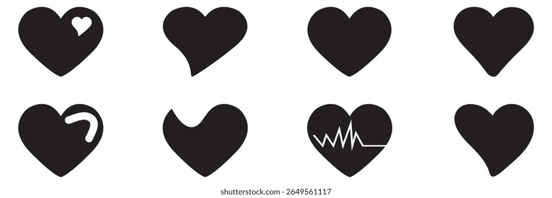  Heart silhouette set. Simple vector heart icon set. Black heart icons. Valentine's Day symbol. Black color heart illustration isolated on white background. 