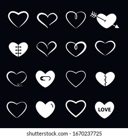 Heart 
silhouette, shape, contour, stencil, appearance icon white and black modern icolor set isolated on a black  background.Symbol 
of relationships,feelings, souls,icon love, sign emotion.Valentine