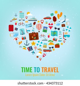 Heart silhouette with travel flat icons. Travel and tourism concept. Vector illustration