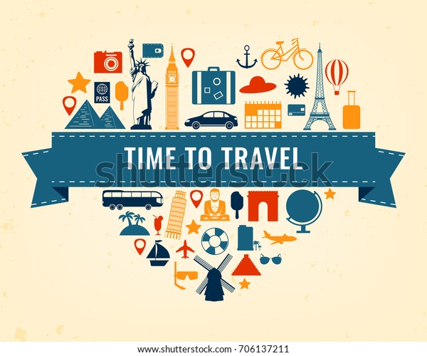 Heart silhouette with travel flat\
icons. Travel and tourism concept. Vector\
illustration