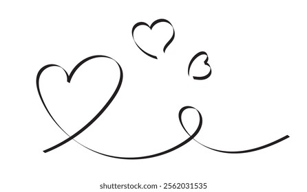 Heart silhouettes with smooth lines, romantic minimalism, black on white.