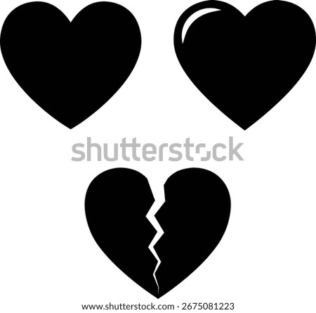 Heart Silhouettes – Solid, Glossy, and Broken Black Shapes