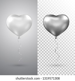 Heart silver balloons set on transparent background. Helium glossy balloon. Realistic foil baloon for party, Christmas, Birthday, Valentines day, Womens day, wedding. Vector illustration.