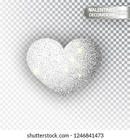 Heart silver glitter isolated on transparent background. Silver sparkles heart. Valentine Day symbol. Love concept design. Vector illustration 10 eps.