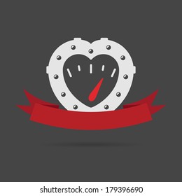 Heart simple emblem in steampunk style with gauge inside and red ribbon