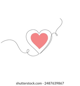 Heart single line art, continuous one line drawing of  Isolated outline vector art