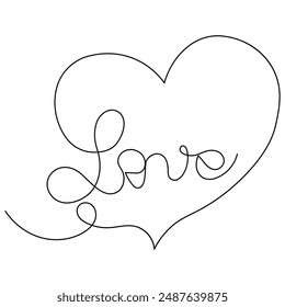 Heart single line art, continuous one line drawing of  Isolated outline vector art