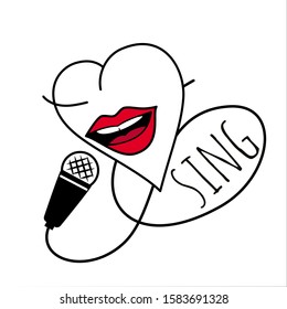 The heart sings with happiness and love. Vector image on white background. In the style of Doodle.