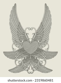 heart with six wings and ornament. vintage engraving vector illustration