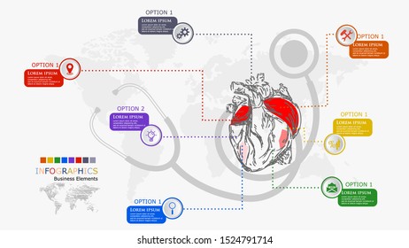 Heart sketch infographic options template. 
Modern concept design template with 5 options, steps or parts.