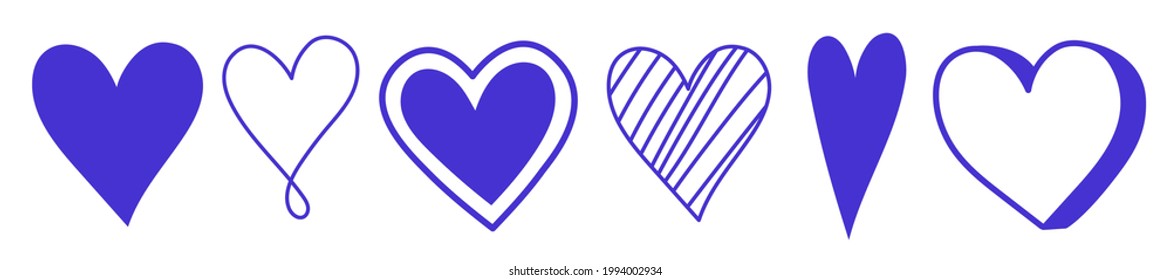 Heart sketch set. Blue cute cartoon icon. Doodle hand drawn symbols