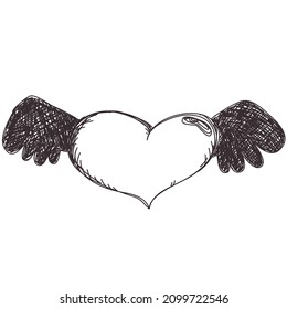 Heart sketch symbol fly on wings sketch engraving. Romantic love lovesickness symbol. Valentine day symbol