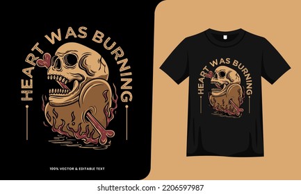 diseño retro vintage de quema de huesos de corazón y cráneo con plantilla de camiseta