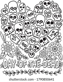 Heart Skull with flowers for Halloween or Day of the dead with flower elements. Hand drawn. Doodles art for greeting cards, invitation or poster. Coloring book for adult and kids.