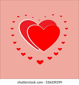 Heart small around two heart big card. Red sign on pink background. Romantic symbol linked, join, love, passion and wedding. Colorful mark of valentine day. Design element. Vector illustration
