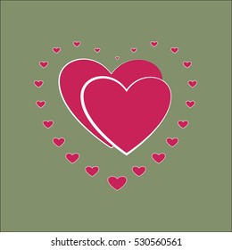 Heart small around two heard. Pink sign on green background. Romantic symbol linked, love. Colorful template for prints, textiles, wrapping, wallpaper, website etc. Design element. Vector illustration