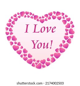 A heart of small hearts along the contour and in the middle of the heart is the inscription I love you on a white isolated background. Vector illustration. Valentine's day. Icons to insert.