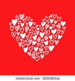 Heart with small hearts on red background. Hand-drawn illustration for Valentine's Day banner, card, poster.