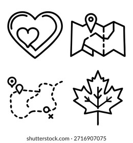 Corazón con Pequeño corazón insertado, mapa doblado con pin, camino de viaje punteado con marcadores y conjunto de iconos de contorno de hoja de arce