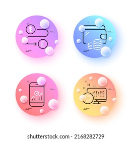 Heart, Smartphone statistics and Money transfer minimal line icons. 3d spheres or balls buttons. Wallet icons. For web, application, printing. Social media, Mobile business, Currency exchange. Vector