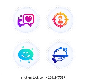 Heart, Smile chat and Headhunting icons simple set. Button with halftone dots. Restaurant food sign. Star rating, Happy emoticon, Person in target. Room service. Business set. Vector