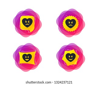 Heart smile face icons. Happy, sad, cry signs. Sadness depression and crying signs. Geometric gradient sales shapes. Creative banners. Template for design. Vector