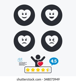Heart smile face icons. Happy, sad, cry signs. Happy smiley chat symbol. Sadness depression and crying signs. Star vote ranking. Client like and think bubble. Quotes with message.