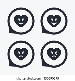 Heart smile face icons. Happy, sad, cry signs. Happy smiley chat symbol. Sadness depression and crying signs. Flat icon pointers.