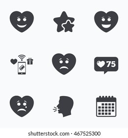 Heart smile face icons. Happy, sad, cry signs. Happy smiley chat symbol. Sadness depression and crying signs. Flat talking head, calendar icons. Stars, like counter icons. Vector