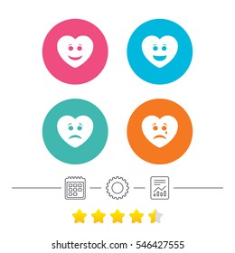Heart smile face icons. Happy, sad, cry signs. Happy smiley chat symbol. Sadness depression and crying signs. Calendar, cogwheel and report linear icons. Star vote ranking. Vector