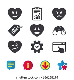 Heart smile face icons. Happy, sad, cry signs. Happy smiley chat symbol. Sadness depression and crying signs. Browser window, Report and Service signs. Binoculars, Information and Download icons