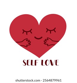 Heart with smile and hugging arms. Self love symbol, Valentine's day. Therapy, care. Vector isolated on white background