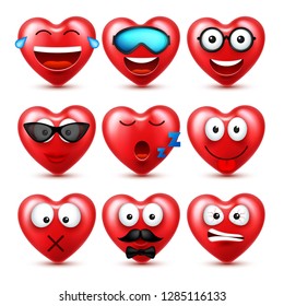 Heart Smiley Emoji Vector Set For Valentines Day. Funny Red Face With Expressions And Emotions. Love Symbol.