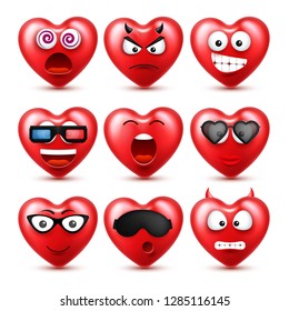 Heart Smiley Emoji Vector Set For Valentines Day. Funny Red Face With Expressions And Emotions. Love Symbol.
