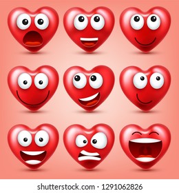 Heart smiley emoji vector set for Valentines Day. Funny red face with expressions and emotions. Love symbol.