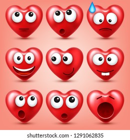 Heart smiley emoji vector set for Valentines Day. Funny red face with expressions and emotions. Love symbol.