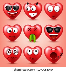 Heart smiley emoji vector set for Valentines Day. Funny red face with expressions and emotions. Love symbol.