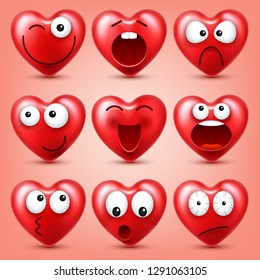 Heart smiley emoji vector set for Valentines Day. Funny red face with expressions and emotions. Love symbol.