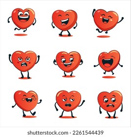 Heart Smiley Emoji Vector Set For Valentines Day. Funny Red Face With Expressions And Emotions. Love Symbol