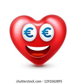 Heart smiley emoji vector for Valentines Day. Funny red face with expressions and emotions. Love symbol.