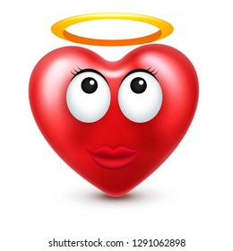 Heart smiley emoji vector for Valentines Day. Funny red face with expressions and emotions. Love symbol.