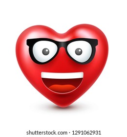 Heart smiley emoji vector for Valentines Day. Funny red face with expressions and emotions. Love symbol.