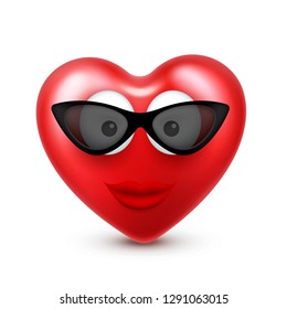 Heart smiley emoji vector for Valentines Day. Funny red face with expressions and emotions. Love symbol.