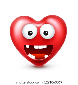 Heart smiley emoji vector for Valentines Day. Funny red face with expressions and emotions. Love symbol.